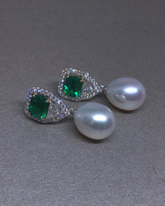 (ER#58) Colombian Emerald and South Sea Pearl Earrings